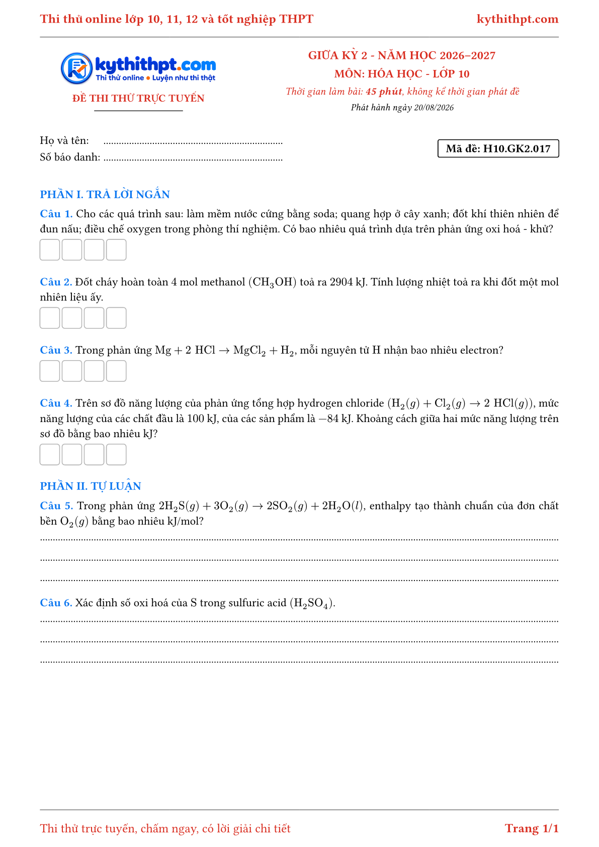 Trang đầu Đề thi thử online giữa kỳ 2 môn Hóa học lớp 10 - trả lời ngắn + tự luận - đề 017