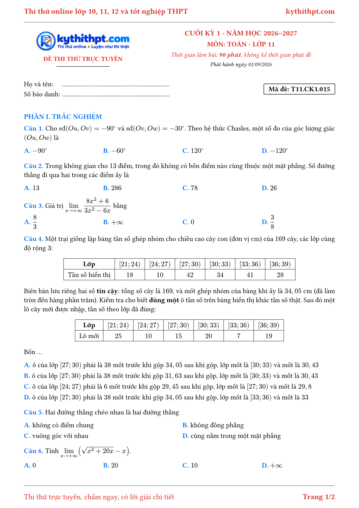 Trang đầu Đề thi thử online cuối kỳ 1 môn Toán lớp 11 - trắc nghiệm + trả lời ngắn - đề 015