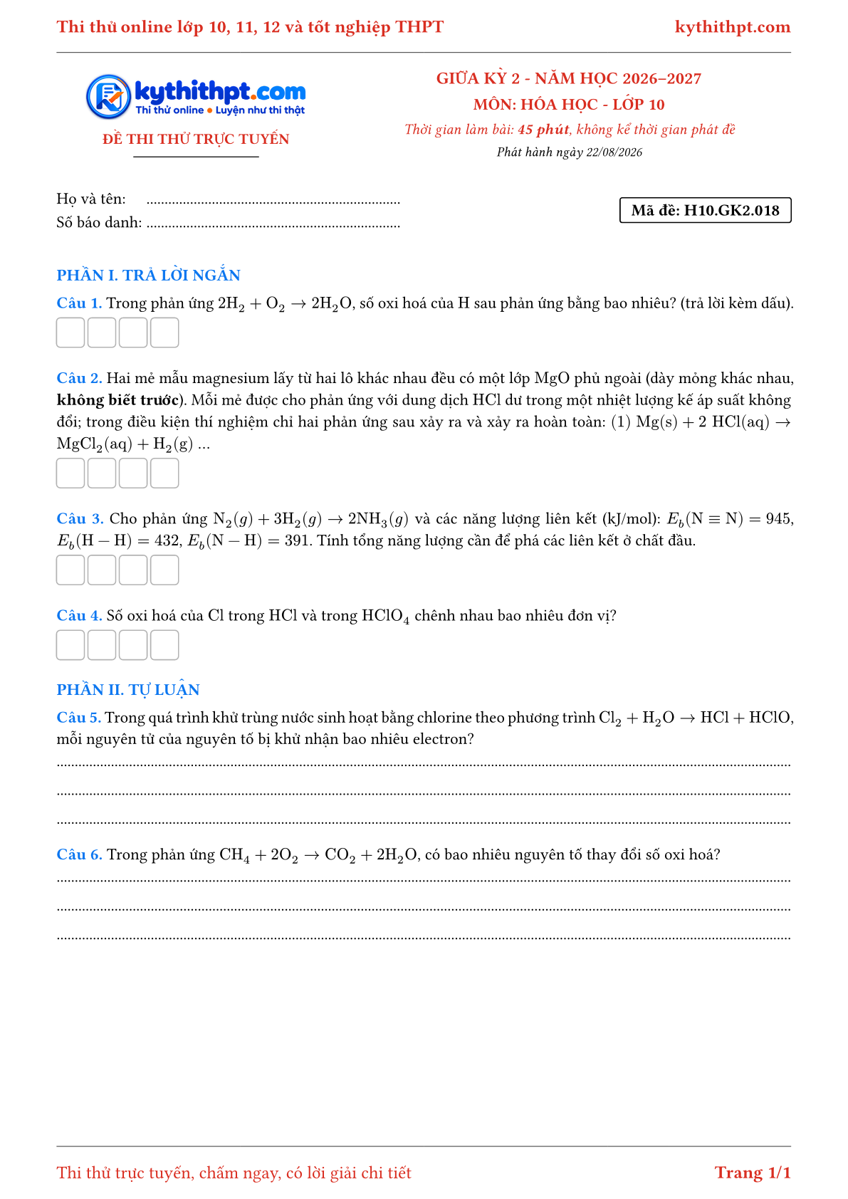 Trang đầu Đề thi thử online giữa kỳ 2 môn Hóa học lớp 10 - trả lời ngắn + tự luận - đề 018