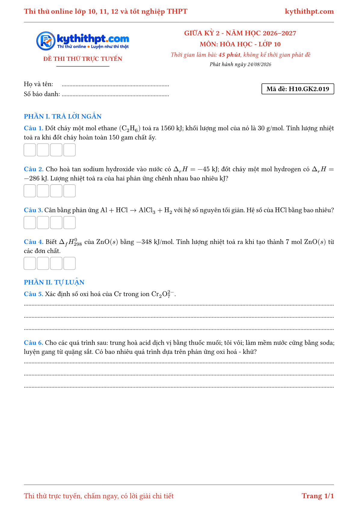 Trang đầu Đề thi thử online giữa kỳ 2 môn Hóa học lớp 10 - trả lời ngắn + tự luận - đề 019