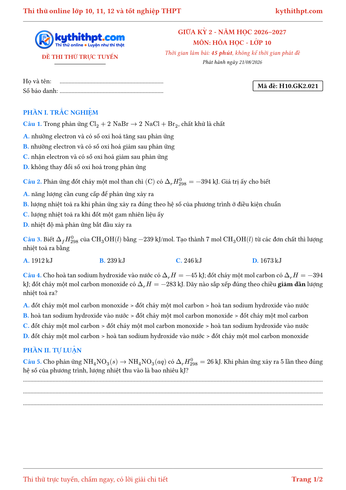 Trang đầu Đề thi thử online giữa kỳ 2 môn Hóa học lớp 10 - trắc nghiệm + tự luận nâng cao - đề 021