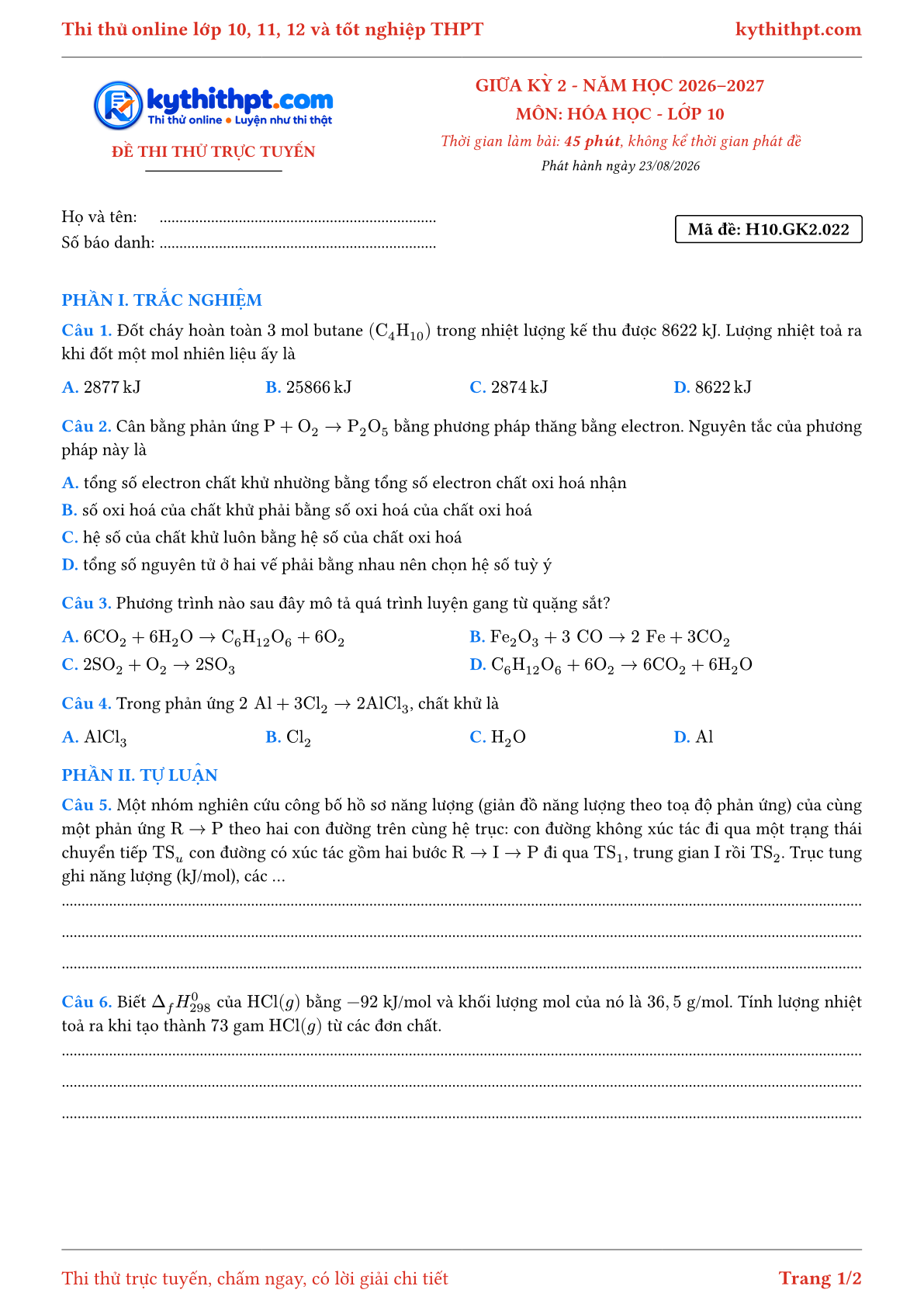 Trang đầu Đề thi thử online giữa kỳ 2 môn Hóa học lớp 10 - trắc nghiệm + tự luận nâng cao - đề 022