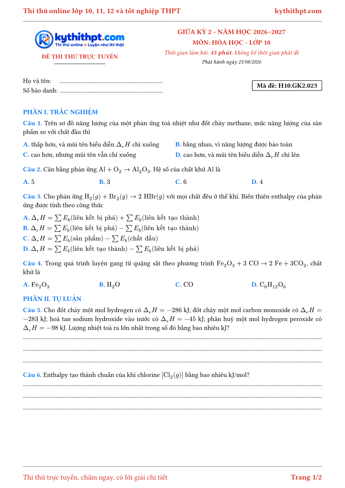 Trang đầu Đề thi thử online giữa kỳ 2 môn Hóa học lớp 10 - trắc nghiệm + tự luận nâng cao - đề 023