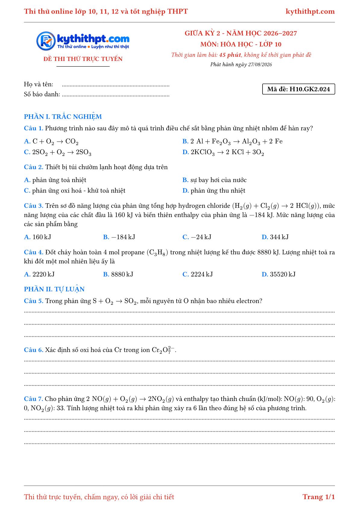 Trang đầu Đề thi thử online giữa kỳ 2 môn Hóa học lớp 10 - trắc nghiệm + tự luận nâng cao - đề 024