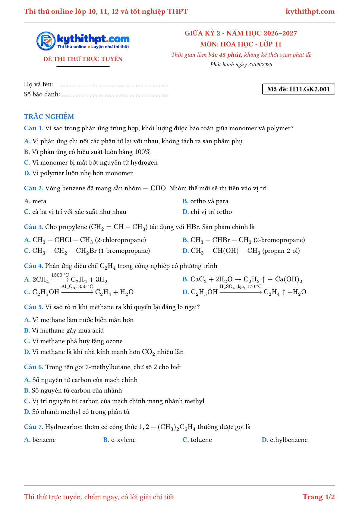 Trang đầu Đề thi thử online giữa kỳ 2 môn Hóa học lớp 11 - full trắc nghiệm - đề 001